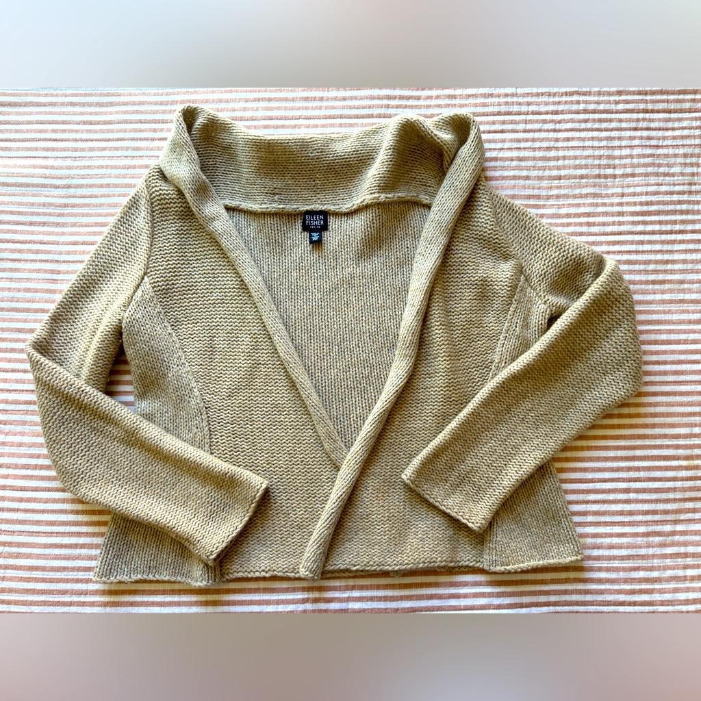 Eileen Fisher Open Front Cardigan Petite M Crop Long Sleeve Wool Cashmere Tan